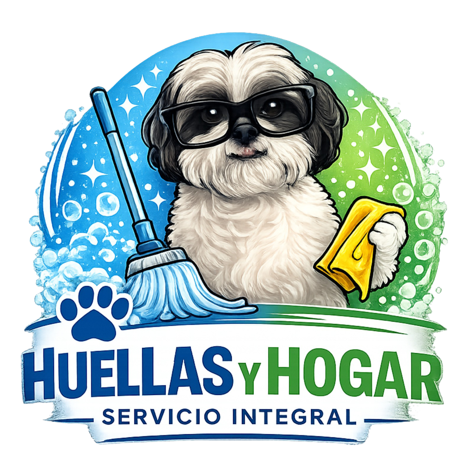 Mascota con gafas sosteniendo mopa y trapo, logo de Huellas y Hogar